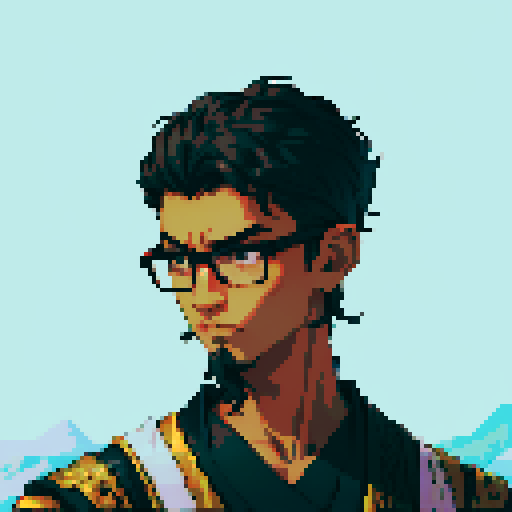 Southeast Asian man, short curly hair, round glasses, tanned, diamond shaped face, black eyes, age 25, wearing a robe