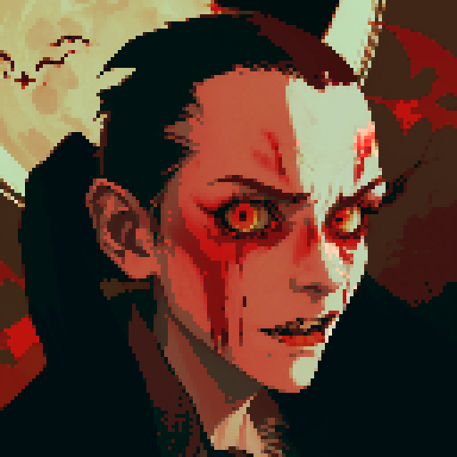 vampire, pixel art, sRGB, blood-soaked fangs, haunting gaze, pale complexion, flowing cape, mesmerizing eyes, feral claws, eerie moonlight, gothic atmosphere, crimson splatters, ethereal shadows, menacing silhouette, sharp incisors, nocturnal charm