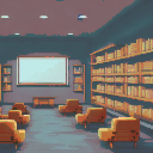University lecture hall, cozy seating, warm lighting, muted tones, pixelated artwork, sRGB color space, landscape painting, serene atmosphere, book-filled shelves, vintage chalkboard