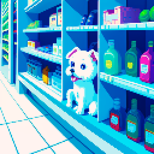Wide-eyed scared white dog inside a convenience store, looking at viewer, next to shelves