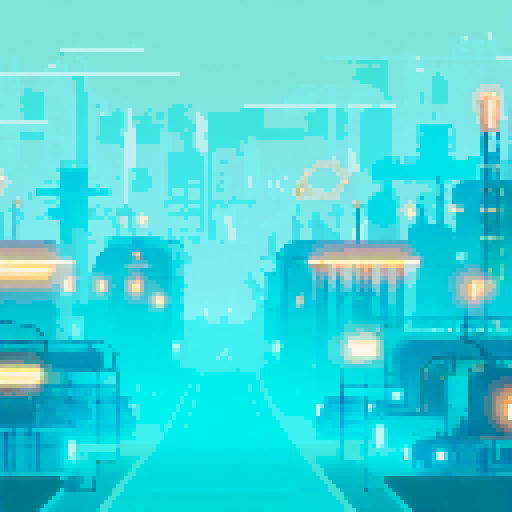 factory with mechanical arms, sparks flying, gears turning, steam rising, vibrant colors, retro-futuristic, towering stacks of crates, robotic assembly lines, precision movements, futuristic cityscape, neon signs, glowing buttons, metallic textures, pulsating energy, glowing circuitry, pixelated landscapes