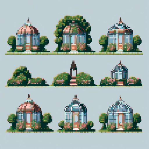 pixel art a grid of 4 circles each containing an illustration of a Victorian conservatory in a floral garden cottagecore style pixel art cute sweet folk 