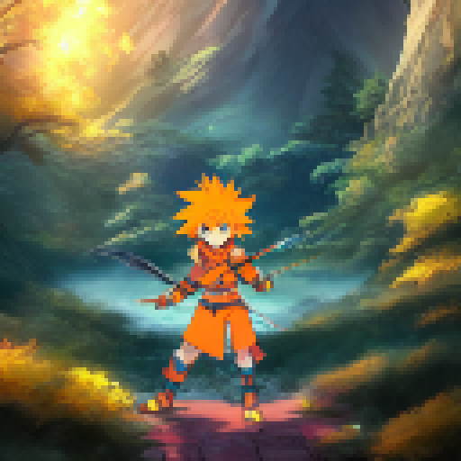 Orange-haired warrior portrait, wielding a glowing sword amidst a mystical forest, with dragons and magic runes in the background.