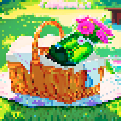 picnic basket, side view, half open, with bouquet and green glass bottle inside
