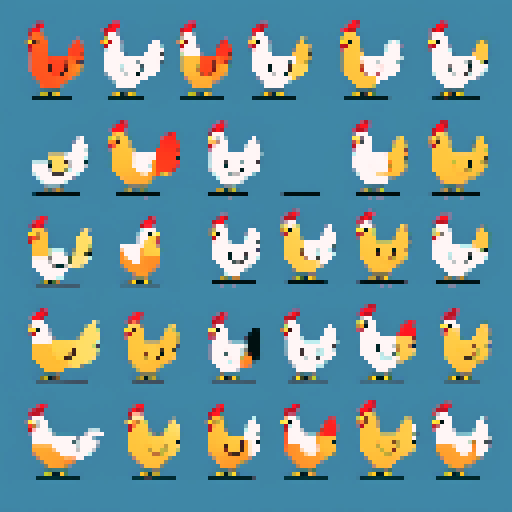 several different chicken sprites. flat vector modern cross stitch style