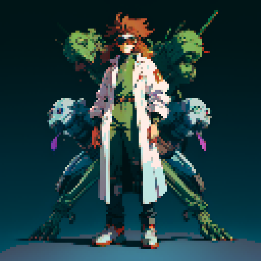 full-body image of a mad scientist with wild hair, lab coat, and goggles, who is facing to the left, giant robot towering in the background, detailed pixel art