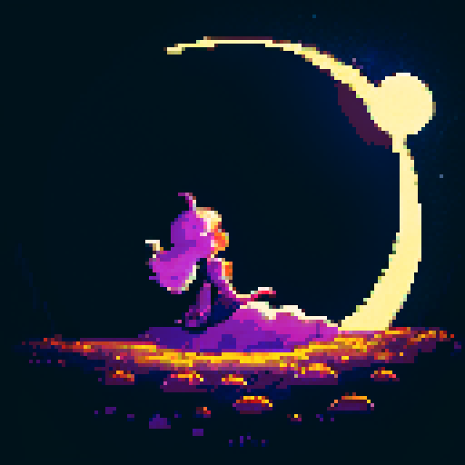Moonlit night, shimmering crescent, glowing celestial orb, stars dancing, mystical glow, ethereal landscape, enchanting moonbeams, dreamlike atmosphere, pixelated magic, vibrant colors, retro-inspired art, sRGB palette, pixelated details, nostalgic vibes