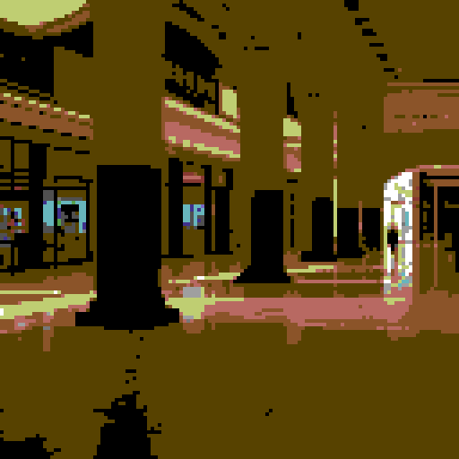 empty mall viewed from the inside, wide dark corridors, large pillars, somber mood, nostalgic feel, retro