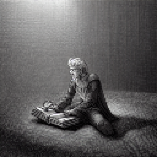 Mature boy, with silver hair and piercing green eyes, sits cross-legged on the ground, engrossed in a leather-bound book that glows with ancient runes, surrounded by flickering torches, in a dark and mysterious dungeon.