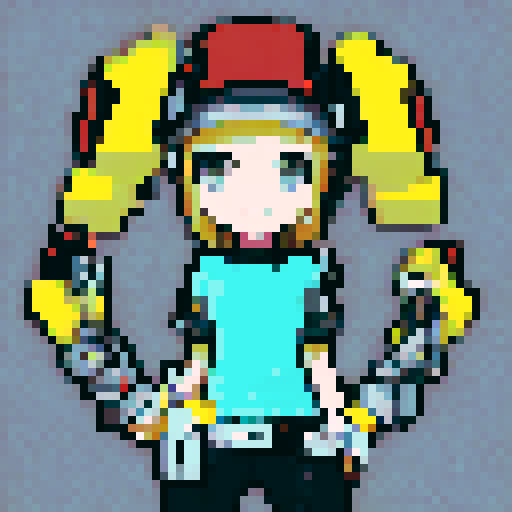Young blonde girl, with yellow eyes, donning a beige cowboy hat topped with goggles, wearing a white crop top, and sporting a robotic arm, all in 16-bit pixel art with an anime style