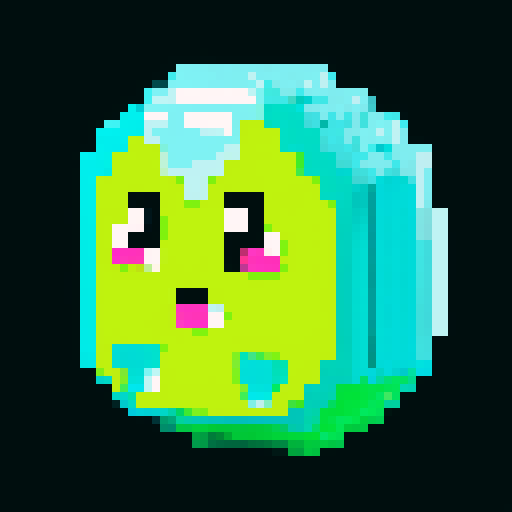A sparkling, semi-transparent slime with a crystalline structure. It has shimmering facets, bright eyes, and a cheerful smile, with light reflecting inside. No background.
