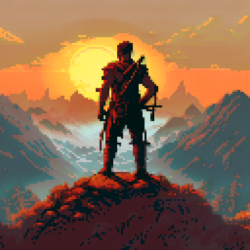 archer, mage, warrior, standing edge of hill, beautiful mountains and backlight sun behind