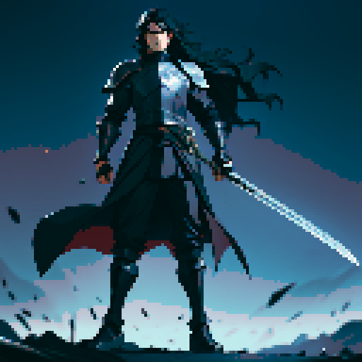 full-body image, male knight, man in black armor, giant sword, long black hair, sexy, male dark knight, giant sword, huge long sword, long hair, facing left, ready to fight, very long sword