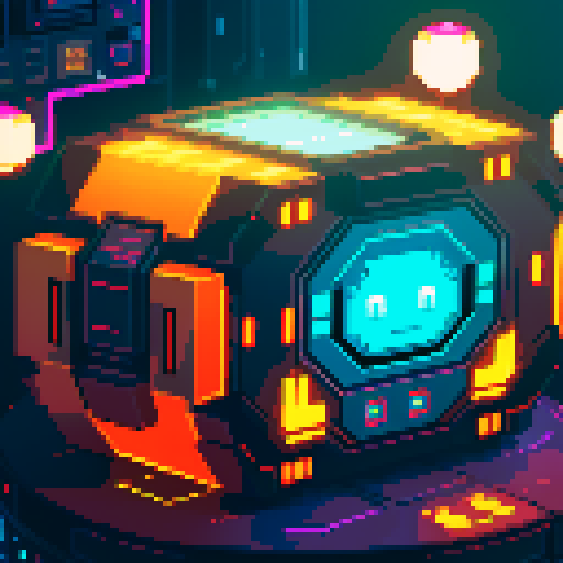 bulky futuristic lootbox, glowing buttons, intricate details, outer space, pixel art style