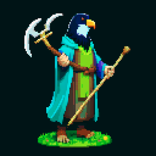 old raven-like druid with a staff