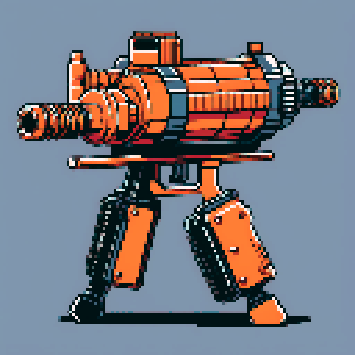 I want to see a simple minigun with 8 barrels floating in the center of the frame. It should have strange mechanical details that could interlock with others. I want this object usable an asset in a videogame, meaning only one object per image, outlined with a strong black stroke, on a solid-color background. 