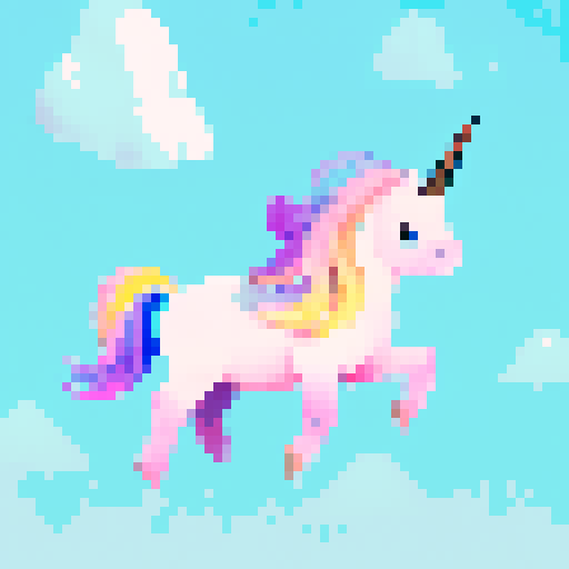 unicorn with rainbow hair in clouds, full body, vibrant colors, flowing mane and tail, soft pastel palette, fluffy white clouds
