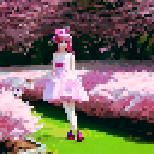 Pink-haired, doe-eyed girl twirling a parasol in a garden of cherry blossom trees, wearing a frilly Lolita dress with lace and bows