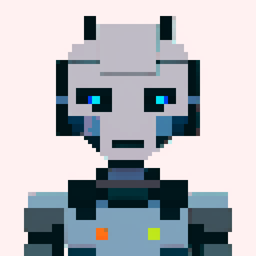 Gray robot with play buttons for eyes, pixelated body, sRGB color palette