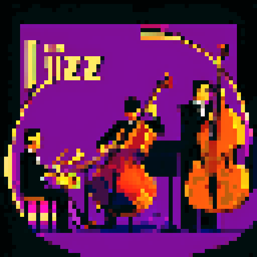 jazz musicians playing instruments, drums, double bass, in a dim bar, black, purple, brown, gold, pixel art style, sRGB