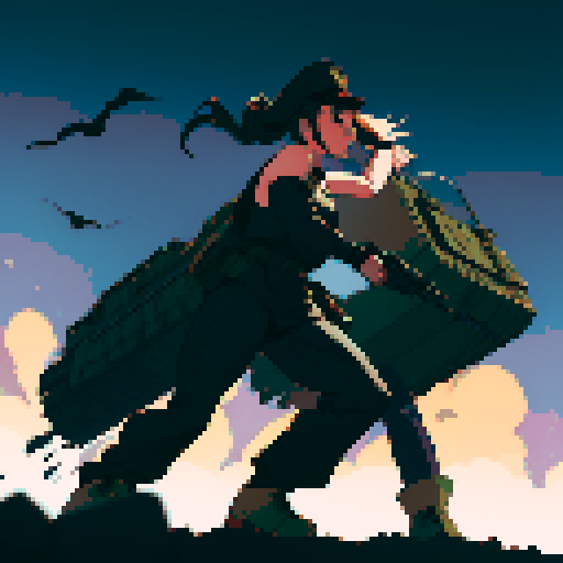 full-body image, muscle girl, female, thick biceps, big shoulders, big fists, muscular physique, thick waist, facing left, ready to fight, exaggerated proportions, black military uniform, black hat, military backdrop, sRGB, pixel art, army behind her, military behind her, army in background, army, soldiers, evil, dark, evil soldiers, nazi