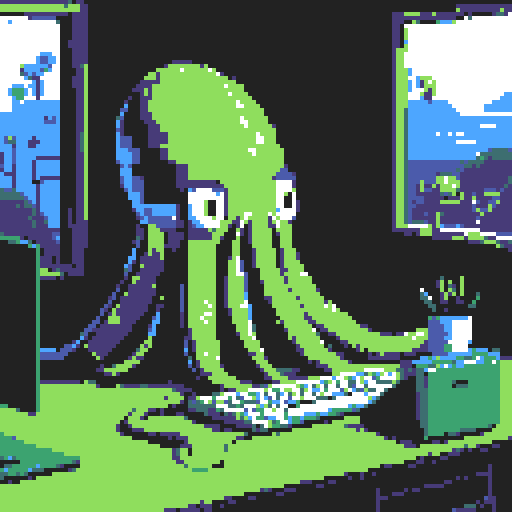a big octopus seated at a desk typing on a laptop