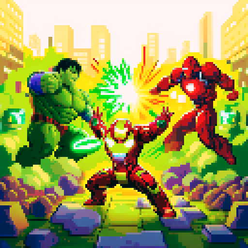 Iron man, hulk, intense battle, dynamic poses, vibrant colors, pixelated details, sRGB palette, action-packed, explosive effects