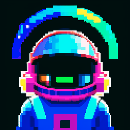 space traveler in vibrant pixel art spacesuit, with a helmet showcasing a reflective visor, surrounded by swirling galaxies, twinkling stars, and celestial wonders, all rendered in space color palette.
