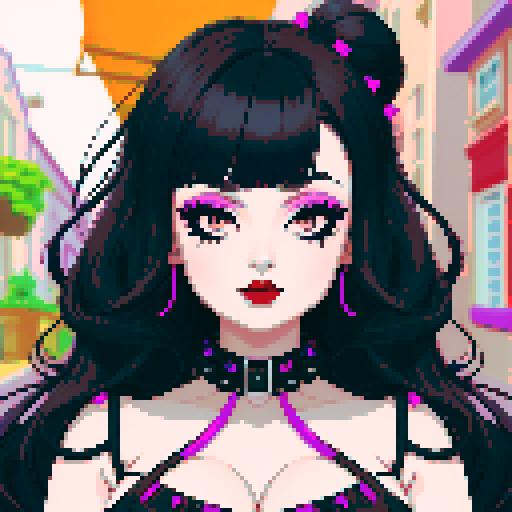 curvy, cute busty goth woman's face, whole head portrait, black hair, purple eyeshadow, red lipstick, low cut black  halter top, studded collar, vibrant sRGB colors, 