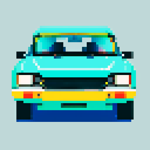pixel car, vibrant colors, retro-inspired, low resolution, blocky shapes, sharp edges, 8-bit aesthetic, simplified details, limited color palette, high contrast, nostalgic vibe, dynamic motion, speed lines, pixelated exhaust fumes, shiny metallic finish, glossy reflections, pixelated headlights, sleek design, iconic silhouette, tiny pixel wheels, exaggerated proportions
