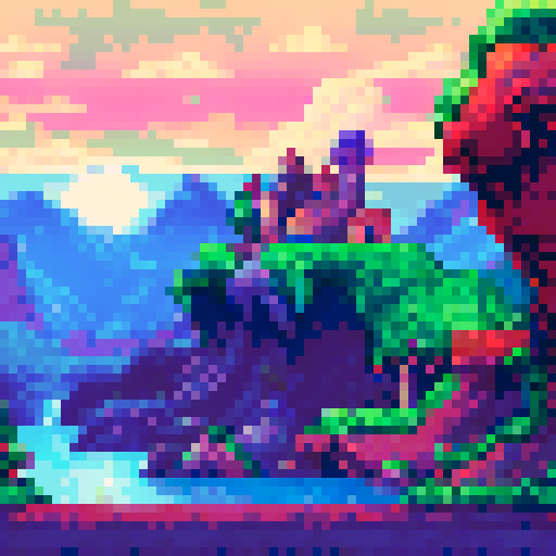 magical cove, waterfall and island with a picnic, fireflies and little pixies, pastel colors