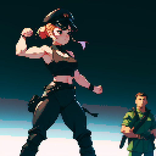 full-body image, muscle girl, female, thick biceps, big shoulders, big fists, muscular physique, thick waist, facing left, ready to fight, exaggerated proportions, black military uniform, black hat, military backdrop, sRGB, pixel art, no background, no backdrop, facing left, fists raised, ready to fight