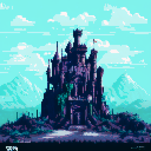 Eerie, desolate, abandoned building with cracked windows and overgrown vines, set against a moody, ominous pixel art landscape in sRGB color scheme