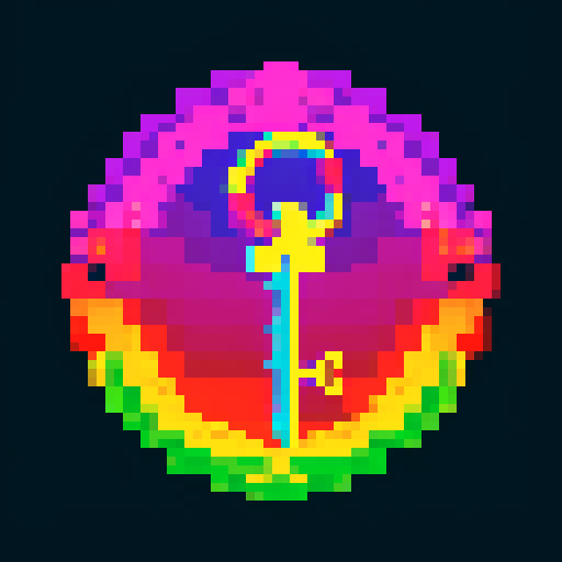 magical key, glowing with vibrant colors, surrounded by mystical symbols, rendered in intricate pixel art, against a background of dark sRGB hues
