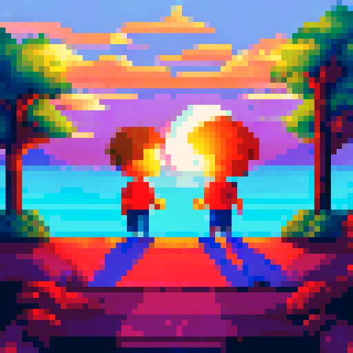 Two characters on a beach at sunrise