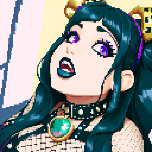 portrait of thicc, curvy, and busty goth babe with studded collar, long purple hair in buns, fishnet stockings, studded halter top, sRGB color