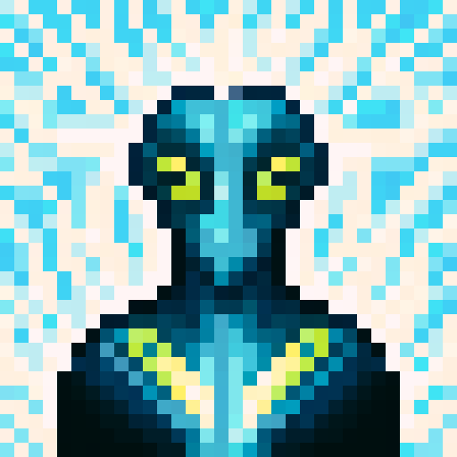 Alien creature with distinctive appearance, advanced civilization features, wielding futuristic laser beam weapon emitting vibrant energy beam, in a dramatic otherworldly landscape with strange plants, unusual terrain, multiple moons, portrayed in game icon style, 32x32 pixel art, sRGB, skill art, close up portrait