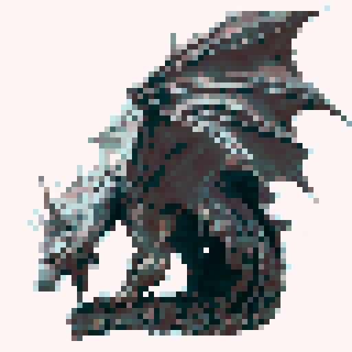 Grey stone dragon sitting in the ground in the middle of a dry wasteland, wings stretched upward with a long tail