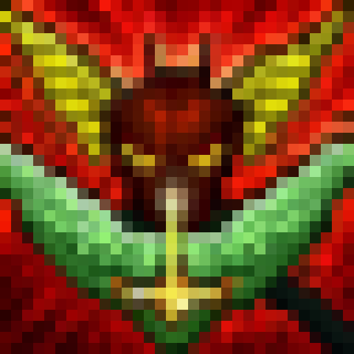Demon Hunter with fiery wings, wielding a crossbow and a sword, standing atop a crumbling stone tower against a blood-red sky, all in a pixelated 32x32 skill art style.
