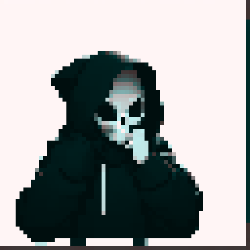 nude, skull-headed figure, hooded sweater, greyscale, monochrome, 1girl, mask covering entire face, sharp lines, sharp pixels, pixel art, sRGB