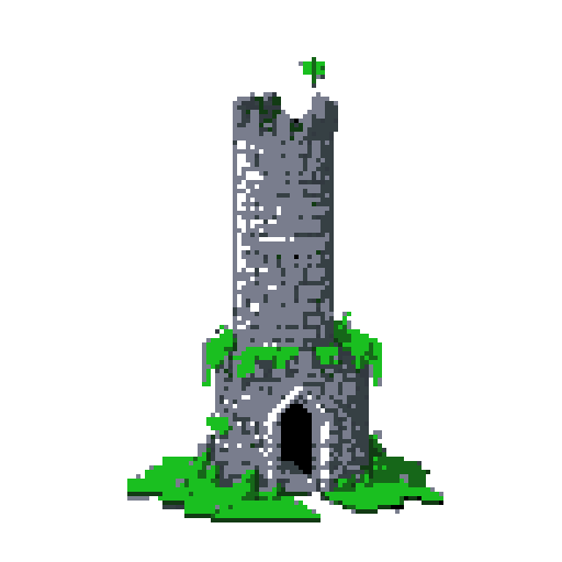 2d grey stone tower in an ancient english style. Old and crumbling but still upright. Green vines crisscross it. Usable as an asset (clear, thick lines and a white background). Put a black stroke around the composition