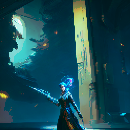 (first-person view), sword in hand, modern pixel art style, vibrant colors, dynamic action, 2D digital rendering, immersive game atmosphere, detailed pixel patterns,