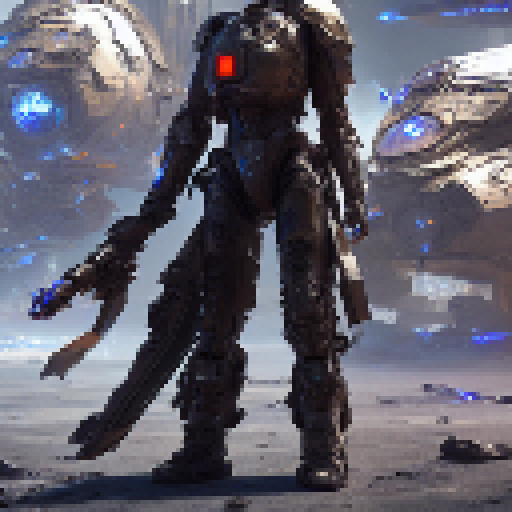 "Mechanical wings, glowing circuitry, and a laser sword adorn the armored hero in a post-apocalyptic wasteland, ready to face off against a horde of robotic enemies in this Fantasy RPG-inspired sci-fi image."
