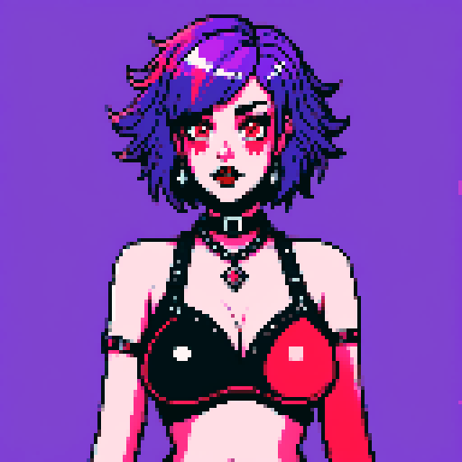 busty goth girl, with purple hair, black eyeshadow and red lipstick. wearing bikini and studded collar, sexy glamour shot, vibrant srgb colors, edgy aesthetic