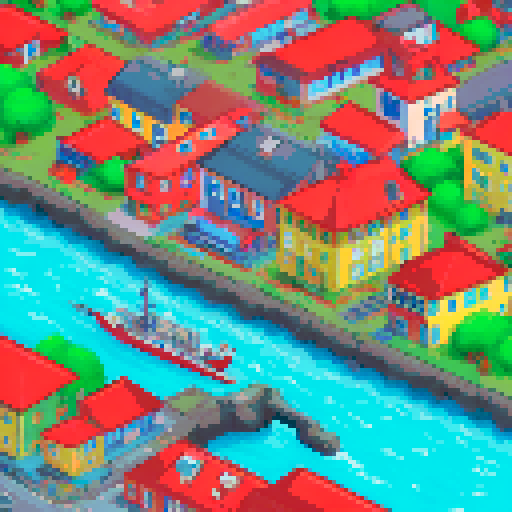 Island port town, have the whole town visable in the image. make it usebale as a tile set for my rpg game. make sure its a lively city. 