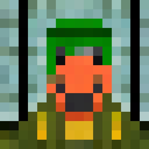 Green-hatted archer, poised with bow and arrow, stands in a mystical forest surrounded by towering trees, their leaves shimmering in the golden light of sunset, all captured in a stunning 16x16 pixel portrait, close up, portrait