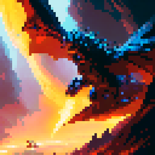 Fiery dragon breathing flames as a skilled warrior leaps through the air, wielding a gleaming sword and wearing flowing robes in a vividly colored, action-packed wuxia scene.