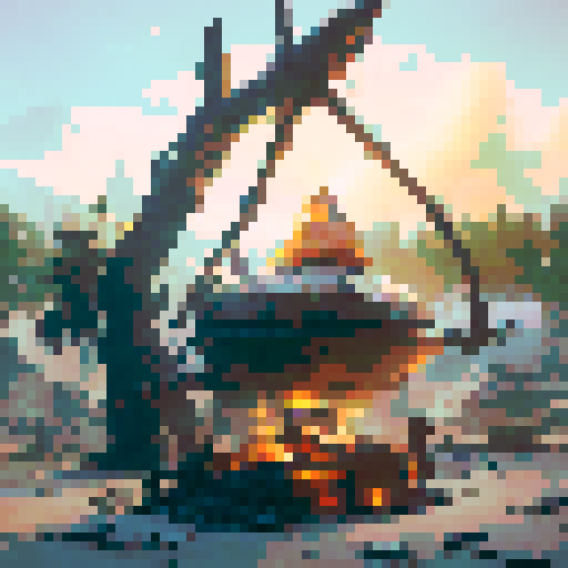 A rustic cauldron, bubbling over a roaring bonfire.