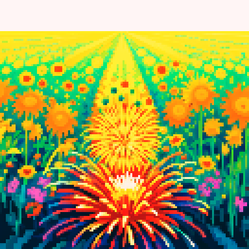 Field of vibrant, exploding flower fireworks depicted in pixel art with a vivid sRGB color palette
