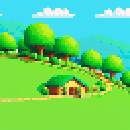 Cozy green hill, rolling texture, vibrant shades, pixelated details, sRGB colors